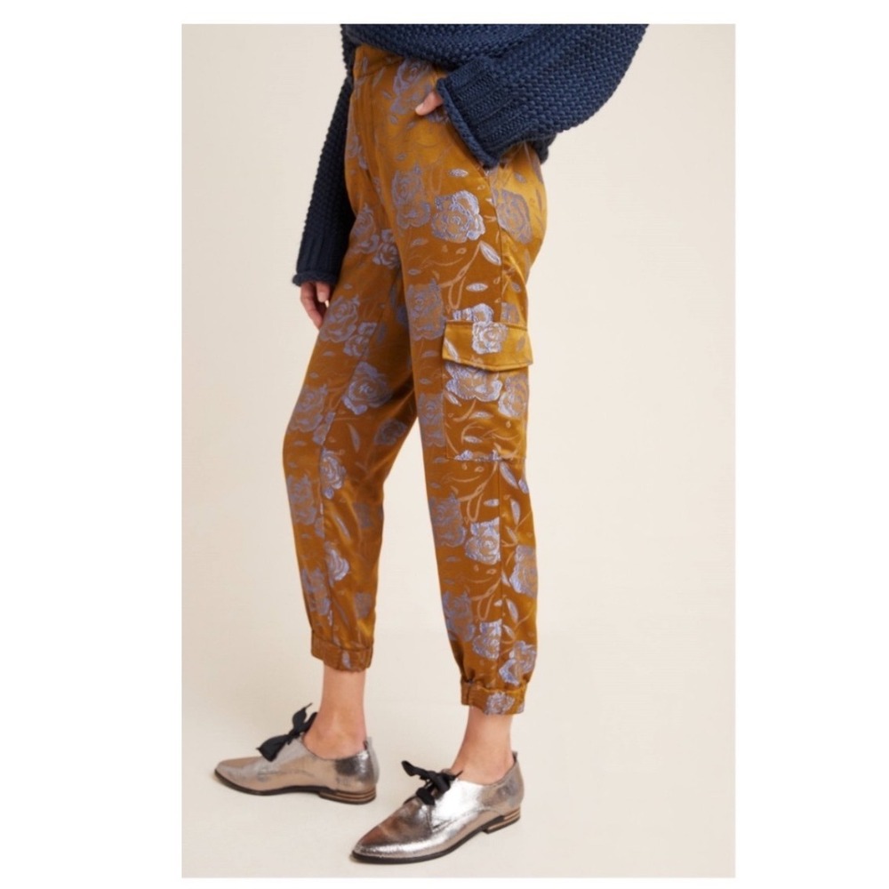 Anthropologie Devin Cargo Pants Small Brown Jacquard Metallic Floral Jogger - Picture 5 of 15